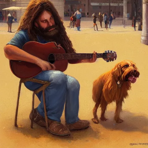 Image similar to oil painting of a young man with long hair blond and a beard hippie style with his golden retrever dog playing guitar in the square for money, people watching around, by greg rutkowski, artstation