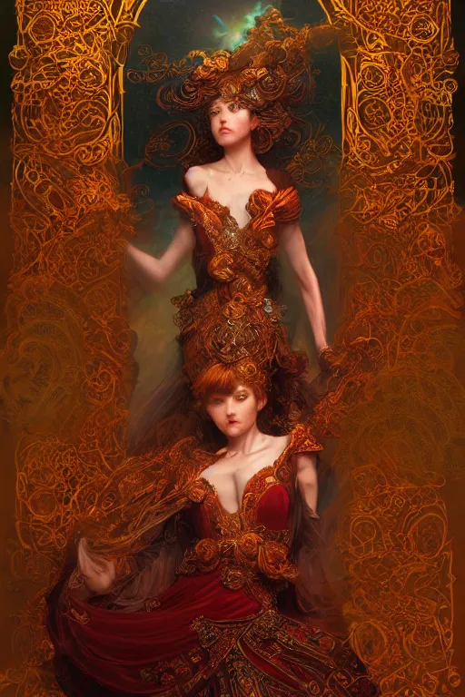 Image similar to tarot card artstation, portrait of an irish love dancer, sunrise, baroque ornamnet and rococo ornament, ancient chinese ornate, hyperdetailed, beautiful lighting, craig mullins, mucha, klimt, yoshitaka amano, red and gold and orange color palatte