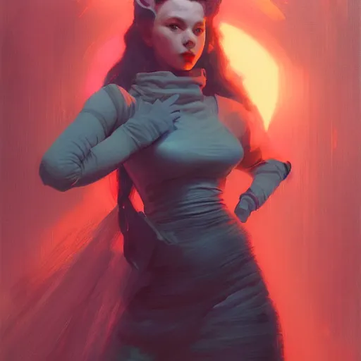 Prompt: Portrait of Billie Ellish as the heroine of a 1950s sci-fi movie poster art by Ruan Jia and Mandy Jurgens and Artgerm and william-adolphe bouguerea, highly detailed, trending on artstation, award winning,