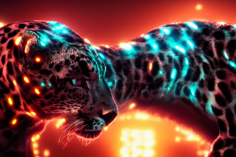 Prompt: closeup profile shot of neon cybernetic cheetah, city lights, strong bokeh, dramatic, cinematic, high contrast, octane render, cgsociety, artstation, 4k