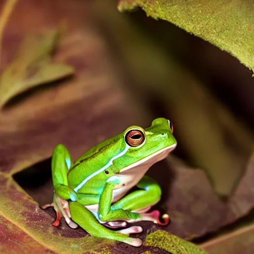 Prompt: cutest frog sleeping in a flower, nature photography, award winning