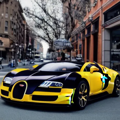 Image similar to photograph of a bugatti veyron on the streets of downtown kansas city missouri, daytime, realistic, 8 k