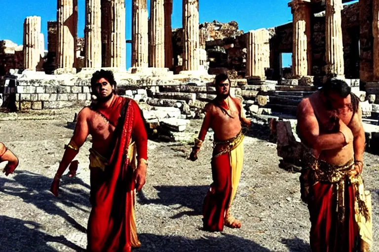 Image similar to horrible giant demons outside ancient greek temple. bollywood fantasy action movie still.