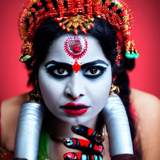 Prompt: Professional studio long shot photography of an Indian woman cosplaying as the goddess Kali in 10 armed ekamukhi form. Kali has 10 arms. She wears gloves.