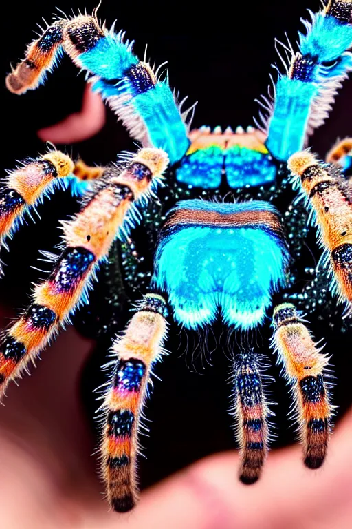 Prompt: high quality macro photo iridescent tarantula! jewelled supercute! highly detailed david ligare elson peter cinematic blue neon lighting high quality low angle hd 8k sharp shallow depth of field