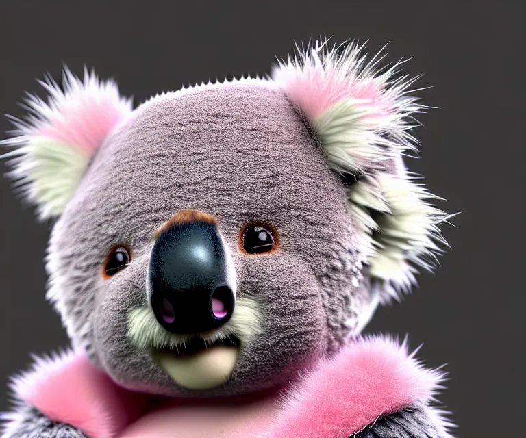 Prompt: high quality 3 d render hyperrealistic very cute small koala smoking weed, plush mascot, short spiky dense fluffy smooth hair, photo from the side, pink fluffy fur, 1 5 0 mm, beautiful natural soft light, rim light, vray, smooth background, artstation, ultra detailed