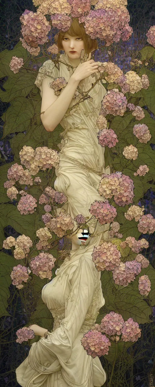 Image similar to tarot art nouveau painting of a hydrangea flower, ultradetail, art and illustration by tian zi and craig mullins and Ayami Kojima and WLOP and alphonse mucha, fantasy, intricate complexity, watermark, blurry, hyperrealism 8k