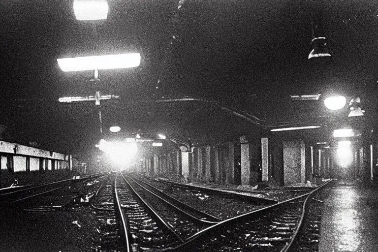 Image similar to photo from 1 9 6 5. very large giant mutant zombie irradiated ( angry rat ) staying on railways in tonnel of moscow subway. extreme high detail, very realistic. extreme long shot, low dark light, scary mood, anish kapoor, herman nitsch.