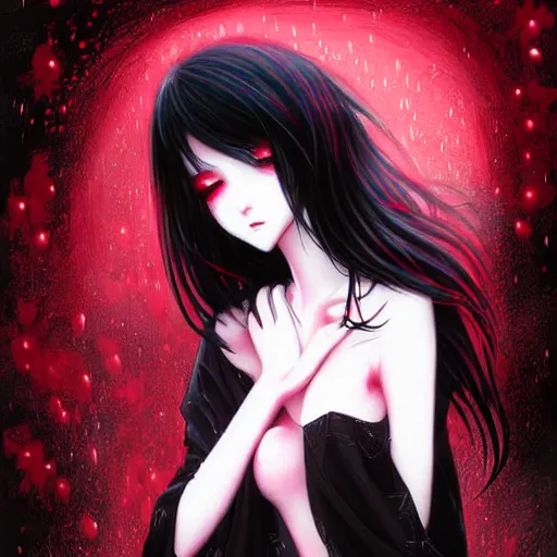 Image similar to beautiful lustful female ghost, in the rain, highly detailed, painting, dark red and black color palette, intricate, high quality anime artstyle, in the style of sana takeda