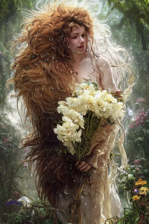 Prompt: portrait male anthro lion character wearing a white cloak, holding a bouquet of flowing flowers, water drenched body, wet dripping hair, emerging from the water, fantasy, regal, fractal crystal, fractal gems, by stanley artgerm lau, thomas kindkade, alphonse mucha, loish, norman rockwell