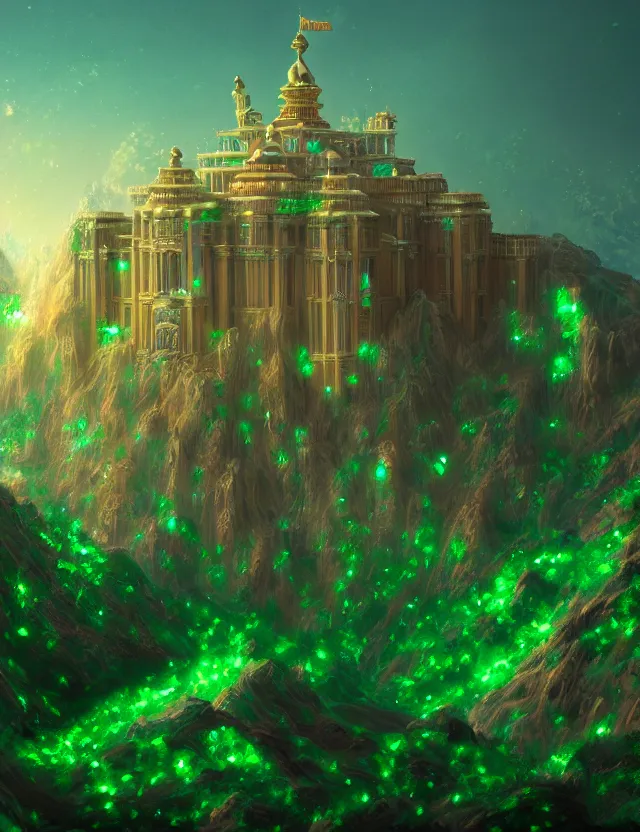 Prompt: a detailed digital painting of a palace made of gleaming emeralds, trending on artstation, digital art, 4 k resolution, detailed, high quality, sharp focus, hq artwork, coherent, insane detail, character portrait