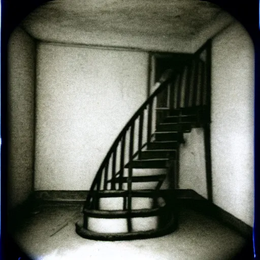 Prompt: a tall humanoid creature at the bottom of a stairwell, dark!, creepy!!!, unsettling, uncanny valley!, old polaroid, expired film,
