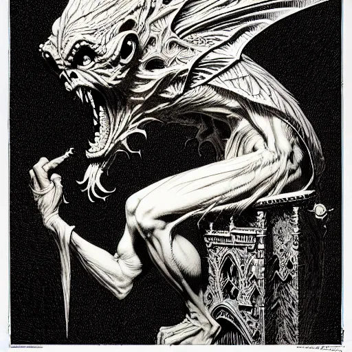 Image similar to portrait soft light, by bernie wrightson and joe fenton, inspired by gothic victorian gargoyle, etching, fine, sharp high detail, duotone screen print,