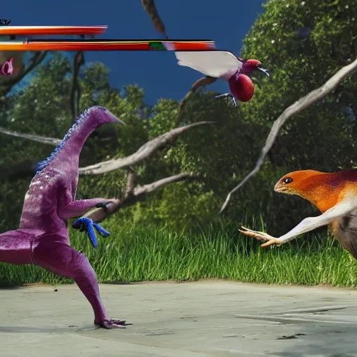 Image similar to screenshot of animal fighting game on ps 4, bird vs lizard, unreal engine,