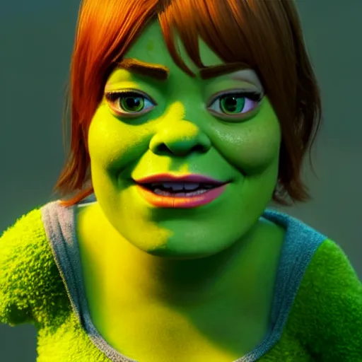 Image similar to Emma Stone as a female version of Shrek, she has shrek nose, ears features, with green skin, fully detailed, high quality , 4k , octane render , soft lightening , masterpiece