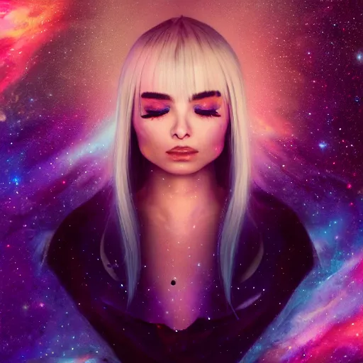 Image similar to an epic cinematic ethereal portrait made of stardust of kim petras with her eyes closed as part of the fabric of the universe and existence, galaxies, stars, nebulas, artstation trending, visionary art, oil painting, cgsociety, instagram