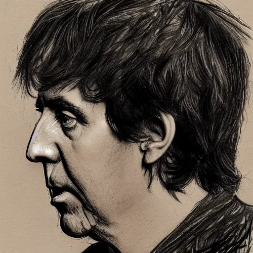 Prompt: a realistic yet scraggly portrait sketch of the side profile of a stern and sophisticated young paul mccartney, trending on artstation, intricate details, in the style of frank auerbach, in the style of sergio aragones, in the style of martin ansin, in the style of david aja, in the style of mattias adolfsson