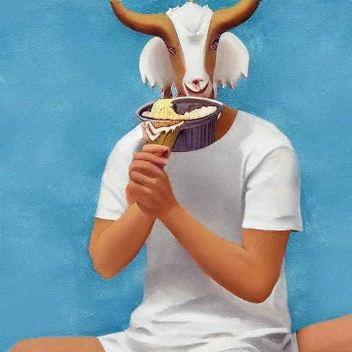 Image similar to “ goatman eating ice cream, summertime, hyperrealistic ”