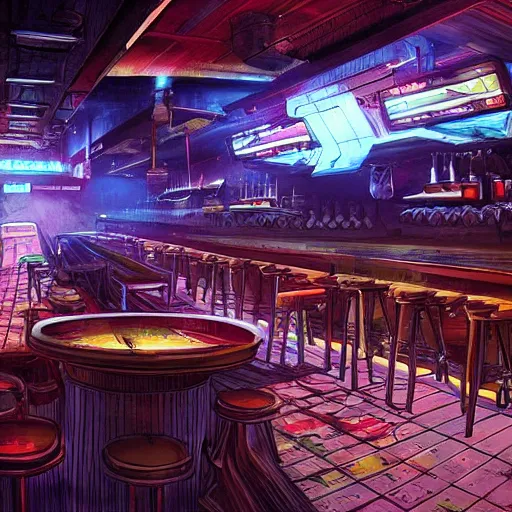 Image similar to interior of a busy dive bar on an alien planet, cinematic, epic sci-fi art