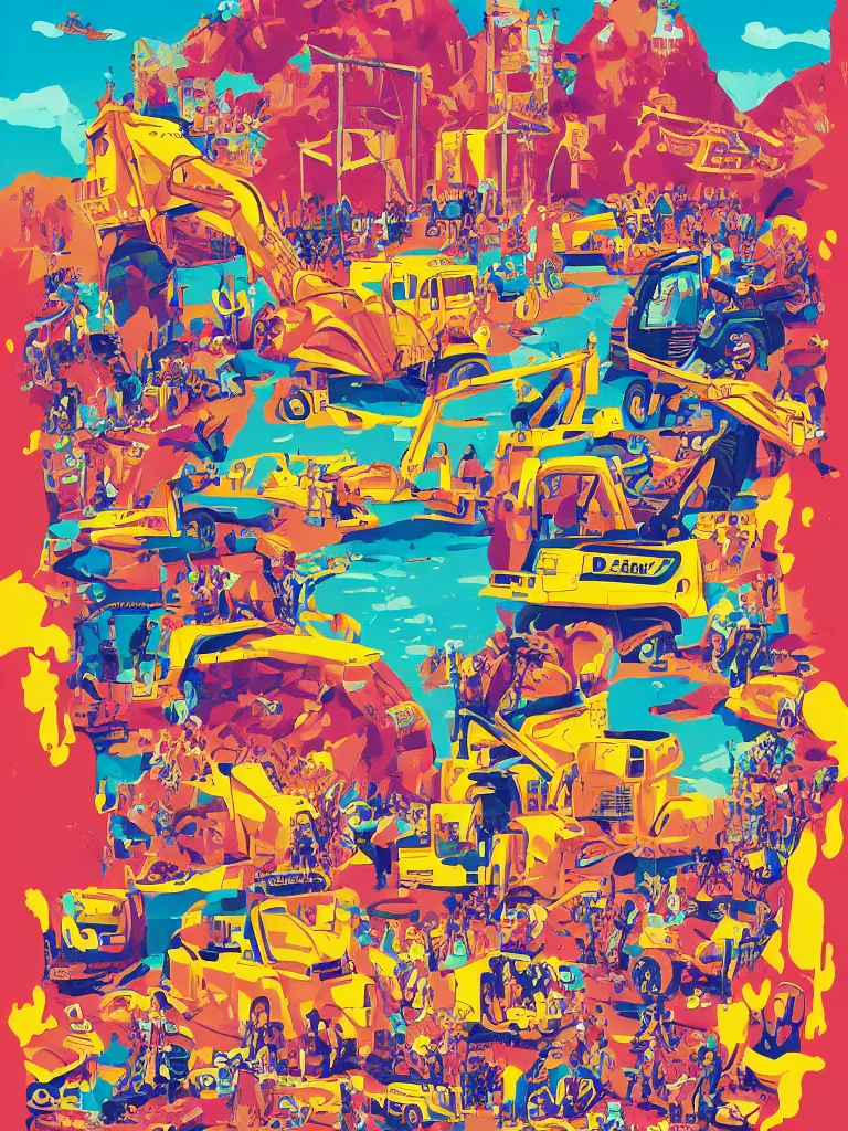 Image similar to poster for a summer festival called diggerfest in the united kingdom, digger land, really good vibes, colorful, construction, friends, hot, rule of thirds, trendy, gen z