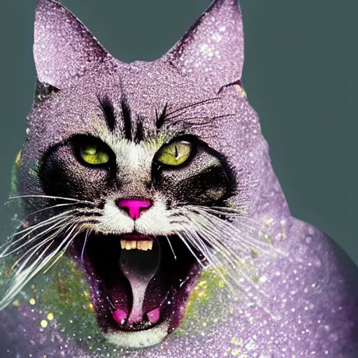 Prompt: a photo of an angry cat covered in glitter, highly detailed, photorealistic