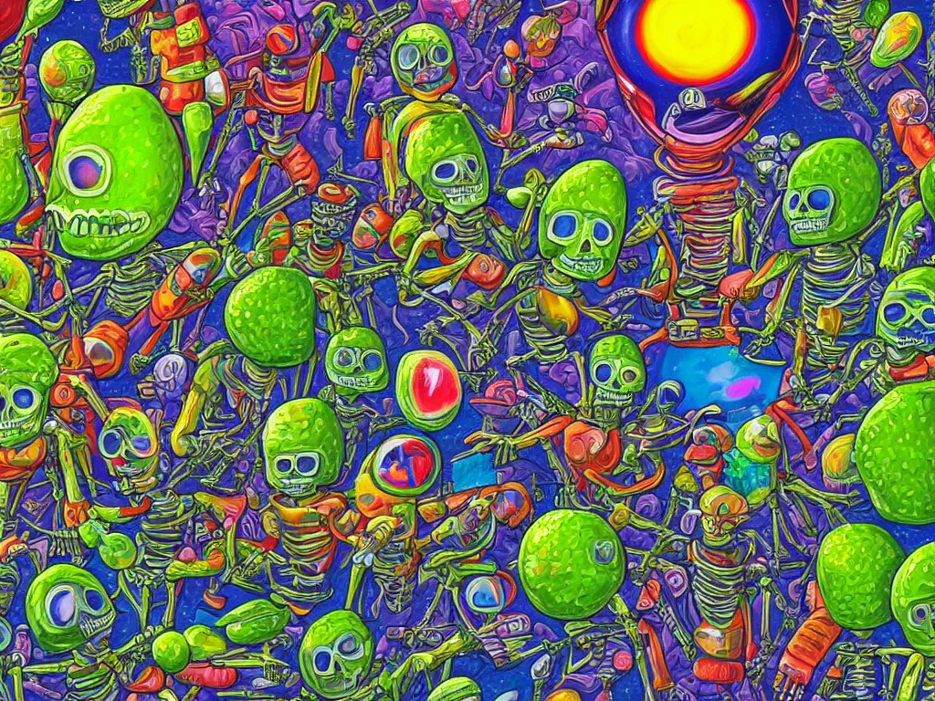 Prompt: a digital painting of a skeleton in an astronaut!!!!!! suit with a broken helmet floating in a bright colorful alien ocean surrounded by limes!!!, sharp focus, retro futuristic by todd schorr