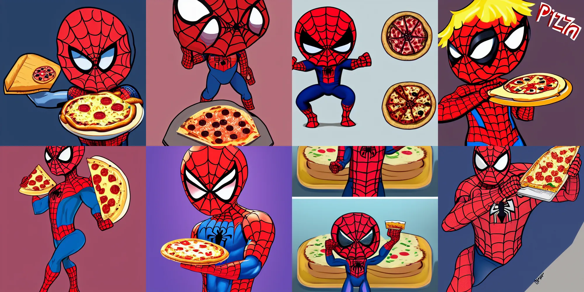 Prompt: digital illustration of cute chibi unmasked spiderman eating pizza, trending in artstation, highly detailed, award-winning