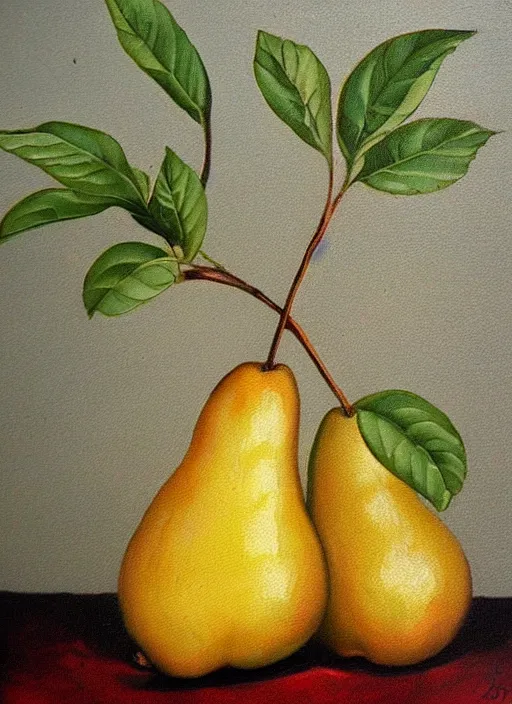 Prompt: vintage beautiful painting of mother's touch pear