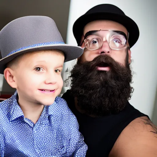 Image similar to discord moderator with a beard and fedora approaching a child