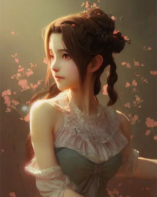 Image similar to aerith gainsborough in lace skirt, portrait, illustration, rim light, top light, perfectly shaded, soft painting, art by krenz cushart and wenjun lin