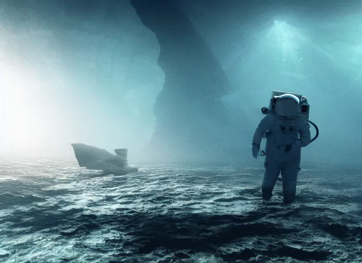 Image similar to astronaut underwater putting a flag in the sand of the bottom of the ocean. there is a submarine in the distance. dark, concept art, cinematic, dramatic, atmospheric, 8 k, trending on artstation, low visibility, fog, zack snyder