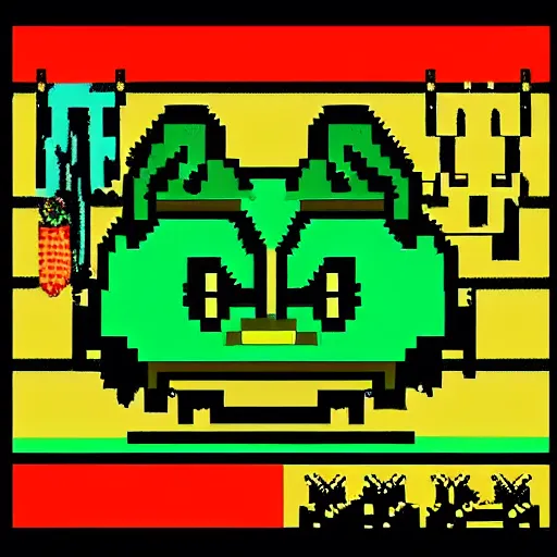 Image similar to extreme long shot, 8 bit nes graphics. antropomorphic muscular masculine pepe the frog. kickboxer fighter, in shorts. wolf head. art from nes game cartridge