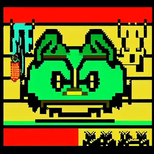 Prompt: extreme long shot, 8 bit nes graphics. antropomorphic muscular masculine pepe the frog. kickboxer fighter, in shorts. wolf head. art from nes game cartridge