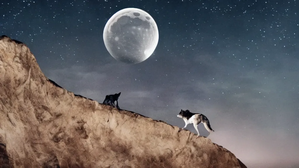 Image similar to epic cinematic shot of david bowie riding a (wolf) at night on a cliff with the moon in the background;