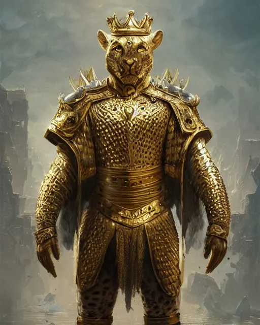 Image similar to hyper realistic king of babilon with the head of leopard full gold armour, photorealistic, 3 d render cinema 4 d, 8 k texture, concept art by greg rutkowski, ilya kushinov, gaston bussiere, craig mullins