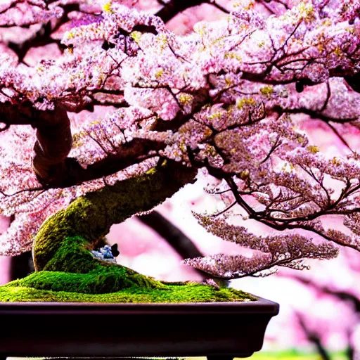 Prompt: photo of a cherry blossom bonsai tree, bokeh, beautiful, cinematic, high detail, amazing,