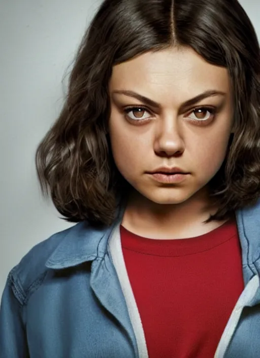 Image similar to Mila Kunis (buzzcut haircut) cast as Eleven, still from Stranger Things movie, hyperrealistic, 8k, Octane Render,