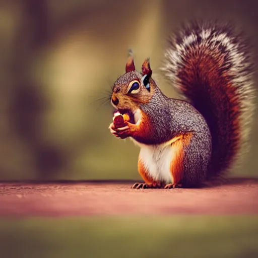 Image similar to polaroid shot of squirrel eating a nut, esthetics, bokeh