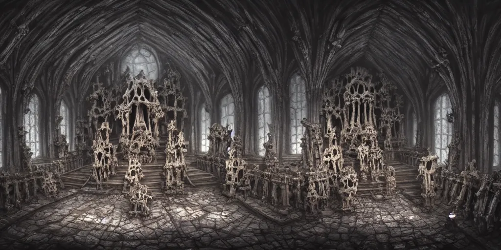 Image similar to low ultrawide interior shot of sedlec ossuary, covered in bones, smooth concept art in anime style mixed with full color fujifilm, dark, foggy, misty, atmospheric, trending on artstation, cgsociety, oil on canvas, denoise, cinematic masterpiece