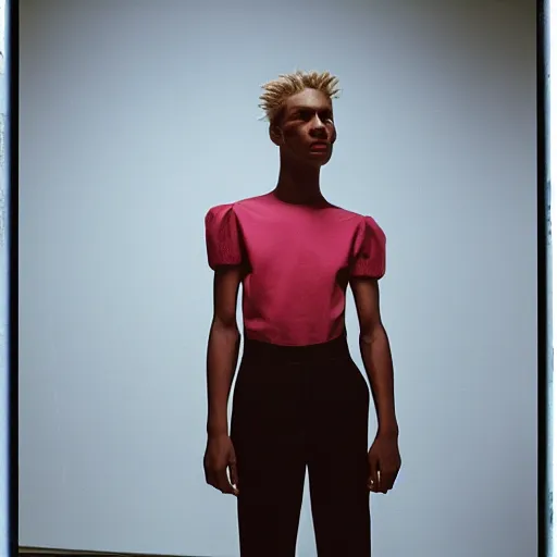 Image similar to realistic photoshooting for a new balenciaga lookbook, color film photography, portrait of a blonde european model, in style of tyler mitchell, 3 5 mm,