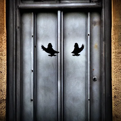 Prompt: a dark wood door with a pigeon has a metalic handle, hdr, realistic, lights, reflection