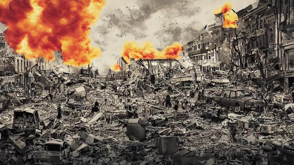 Image similar to the pain and chaos of a town being bombed on market sunday, digital art