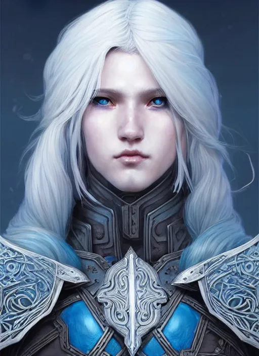 Prompt: warrior, light azure armor!!! long wild white hair!! covered chest!!! fantasy, d & d, intricate ornate details, digital painting, pretty face!!, symmetry, concept art, sharp focus, illustration, art by artgerm! greg rutkowski magali villeneuve wlop! ilya kuvshinov!!, octane render