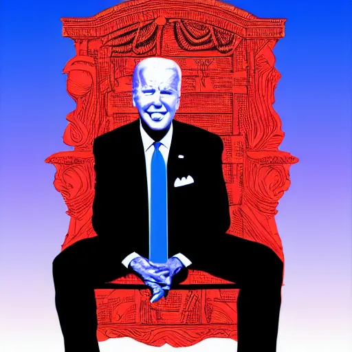 Prompt: joe biden sitting on a dark throne with red glowing eyes in vaporwave style by mad dog jones