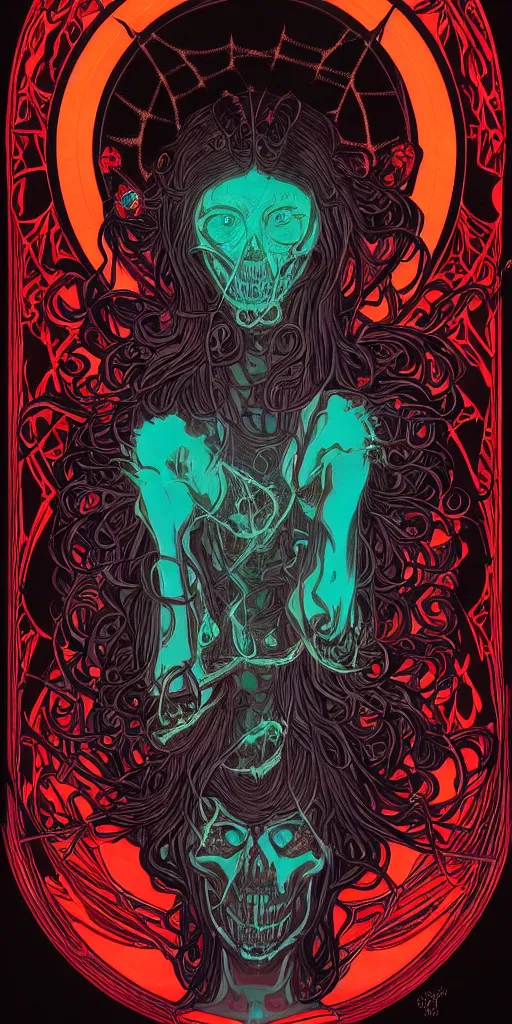 Prompt: intense glowing black metal pagan god with spider eyes and spider legs with a skull in very dark void by josan gonzales and moebius and alphonse mucha, portrait, light beams, lens flare, studio muti, malika favre, rhads, makoto, black and red and teal