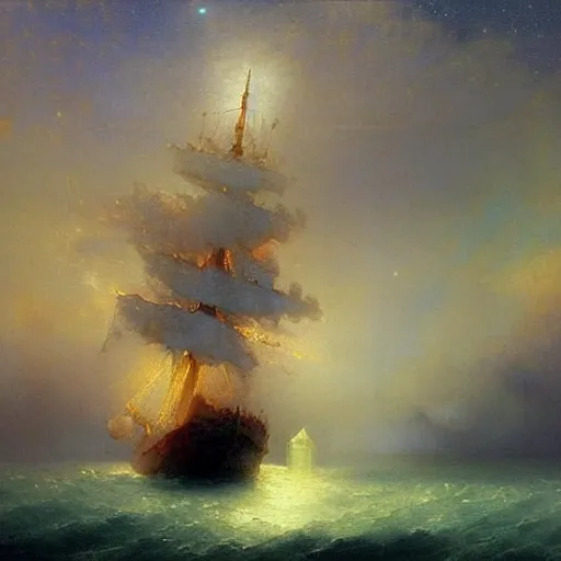 Prompt: sailing ship, cosmic nebula!!!!!!!!!!!!!, artstation, by andrea rocha, by ivan aivazovsky, by john harris, impressionism, watercolor, dramatic scenery, hdr