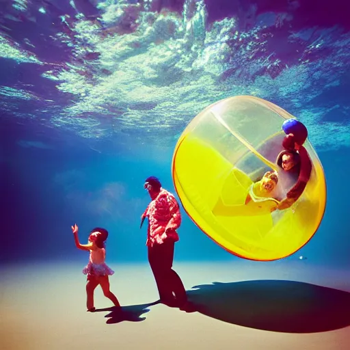 Prompt: film photography of a nuclear family in a zorb ball floating in front of colourful underwater clouds by Kim Keever, low shutter speed, 35mm