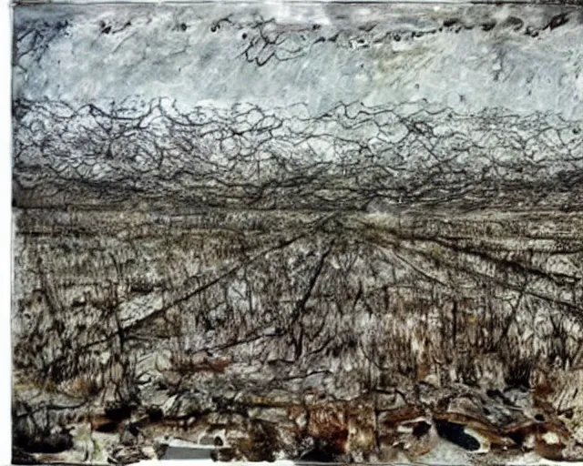 Image similar to A haunted landscape. Anselm Kiefer.