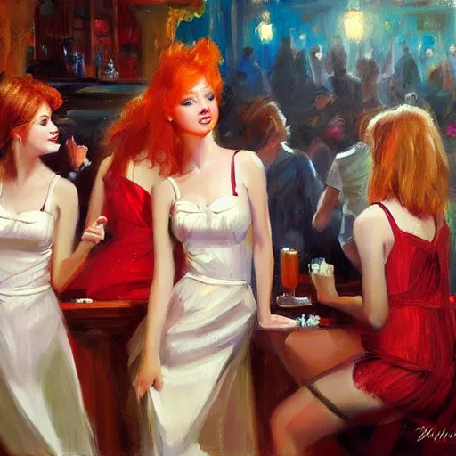 Prompt: young red heads at the night club, painting by Vladimir Volegov,