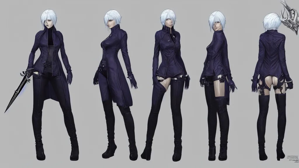 Image similar to devil may cry female Vergil character design sheet, trending on artstation